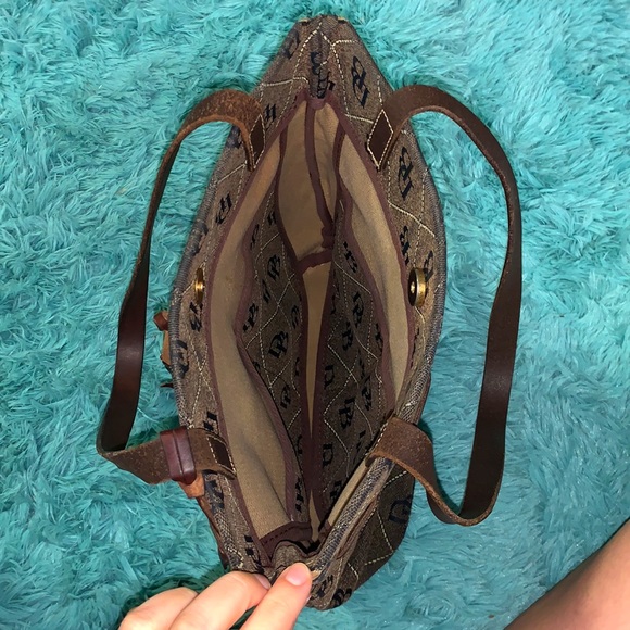 Dooney & Bourke Monogram Tassel Dark Brown Canvas Bucket Bag - Picture 5 of 13